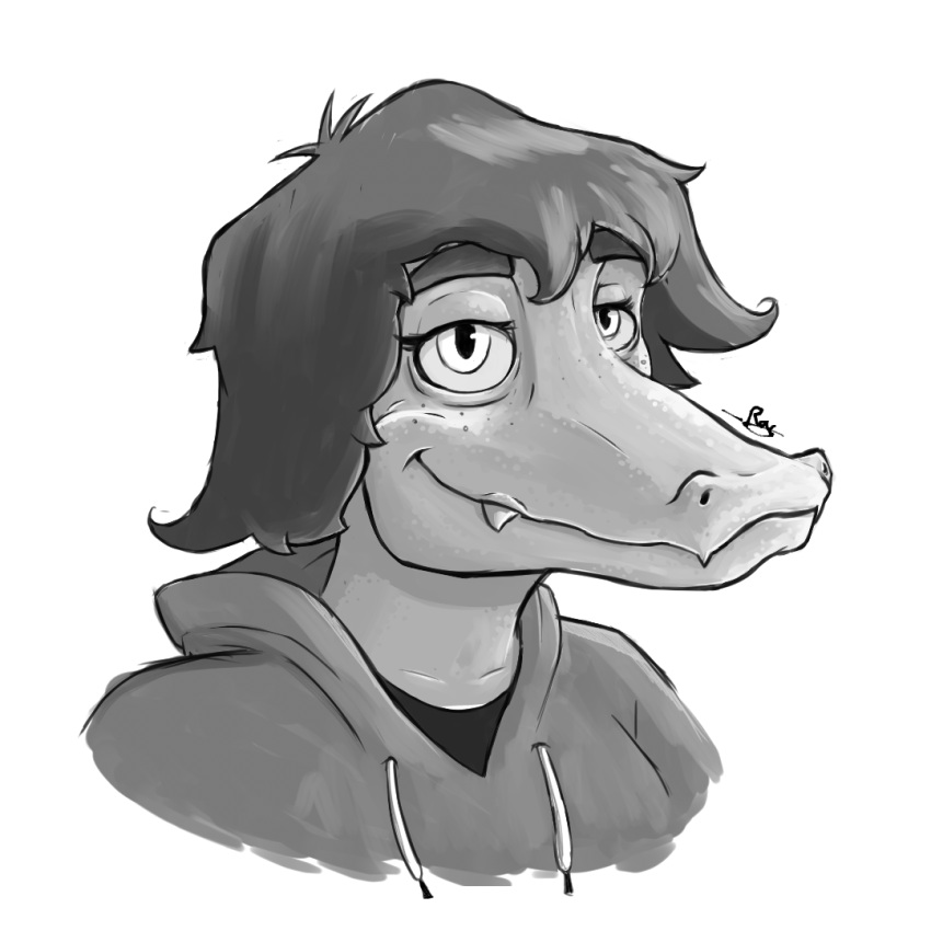 1:1 2024 anthro baryonyx black_and_white cavemanon_studios clothing dinosaur eyelashes female freckles hair hoodie i_wani_hug_that_gator looking_at_viewer monochrome olivia_halford raducu reptile scalie sharp_teeth short_hair sketch smile snout solo spinosaurid teeth theropod topwear