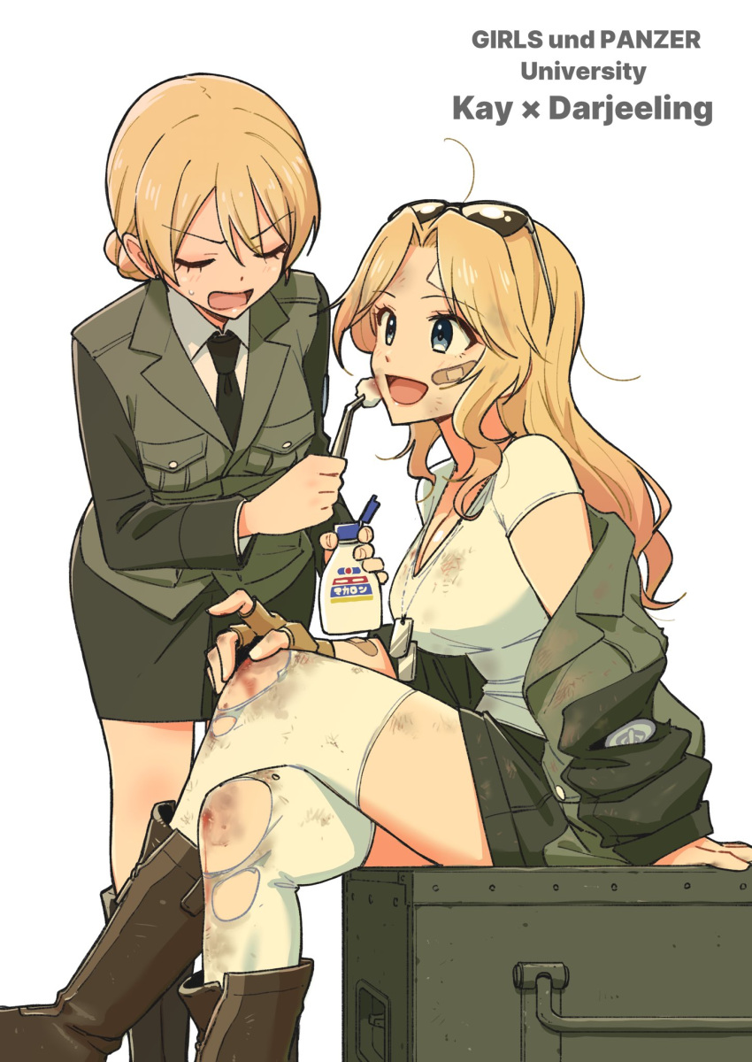 :d ahoge alternate_costume bandaid bandaid_on_face black_jacket black_neckwear black_skirt blonde_hair blue_eyes boots braid breasts brown_footwear bruise character_name cleavage closed_eyes commentary_request copyright_name crossed_legs darjeeling_(girls_und_panzer) dress_shirt emblem eyewear_on_head girls_und_panzer hair_intakes highres hone_(honehone083) injury jacket japanese_tankery_league_(emblem) kay_(girls_und_panzer) large_breasts long_hair long_sleeves name_tag necktie off_shoulder open_clothes open_jacket pencil_skirt selection_university_military_uniform shirt short_hair shorts simple_background sitting skirt smile sunglasses t-shirt thighhighs tied_hair torn_clothes torn_legwear twin_braids white_background white_shirt