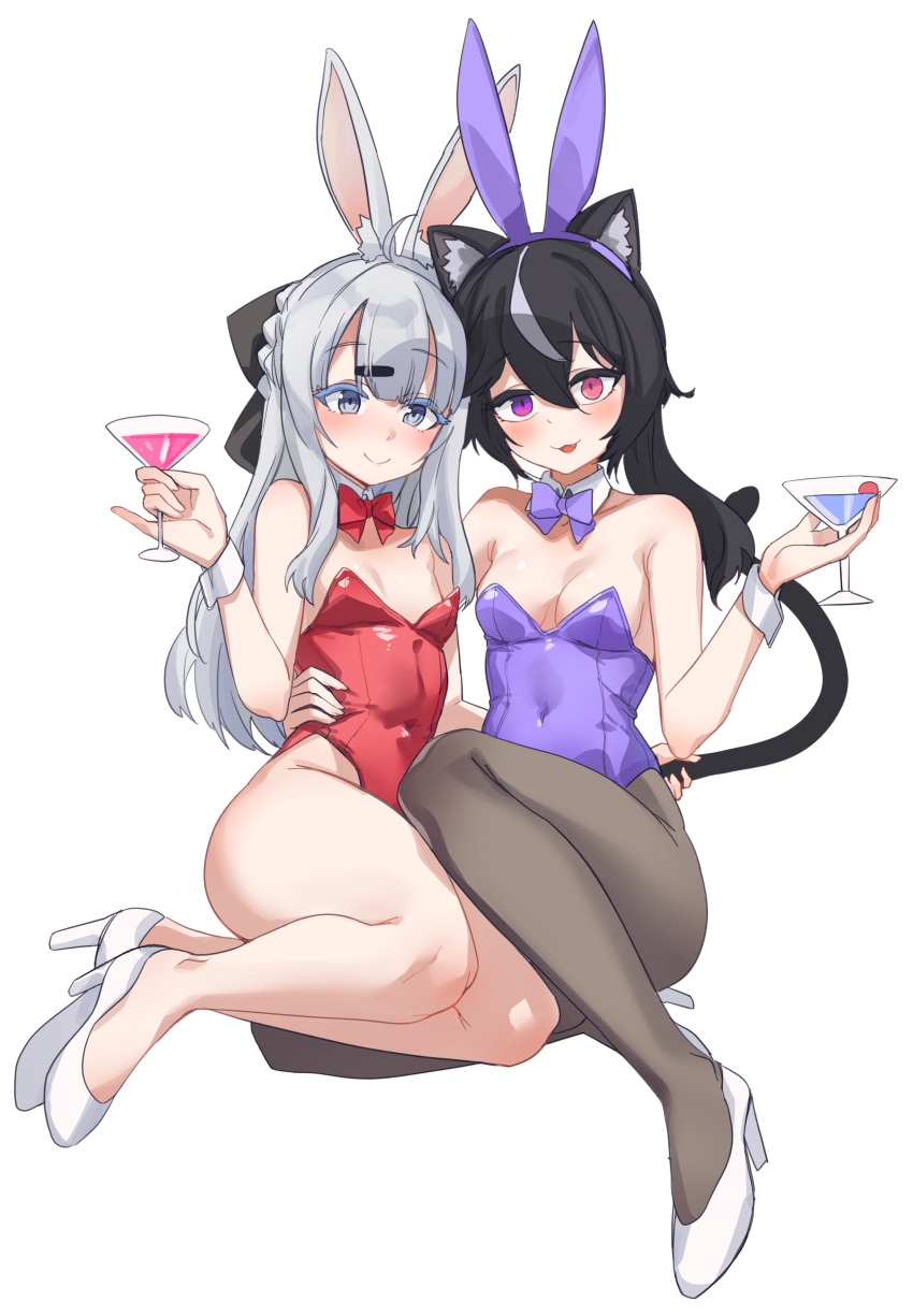 2girls absurdres animal_ear_fluff animal_ears aningay bare_shoulders bow braid breasts brown_pantyhose cat_ears cat_girl cat_tail closed_mouth cocktail_glass copyright_request cup cupping_glass drinking_glass fake_animal_ears grey_eyes grey_hair hair_ornament hairband hairclip heterochromia high_heels highres holding holding_cup leotard long_hair multiple_girls pantyhose parted_lips playboy_bunny purple_bow purple_eyes purple_hairband purple_leotard rabbit_ears red_bow red_eyes red_leotard shoes simple_background small_breasts smile solo strapless strapless_leotard tail very_long_hair white_background white_footwear