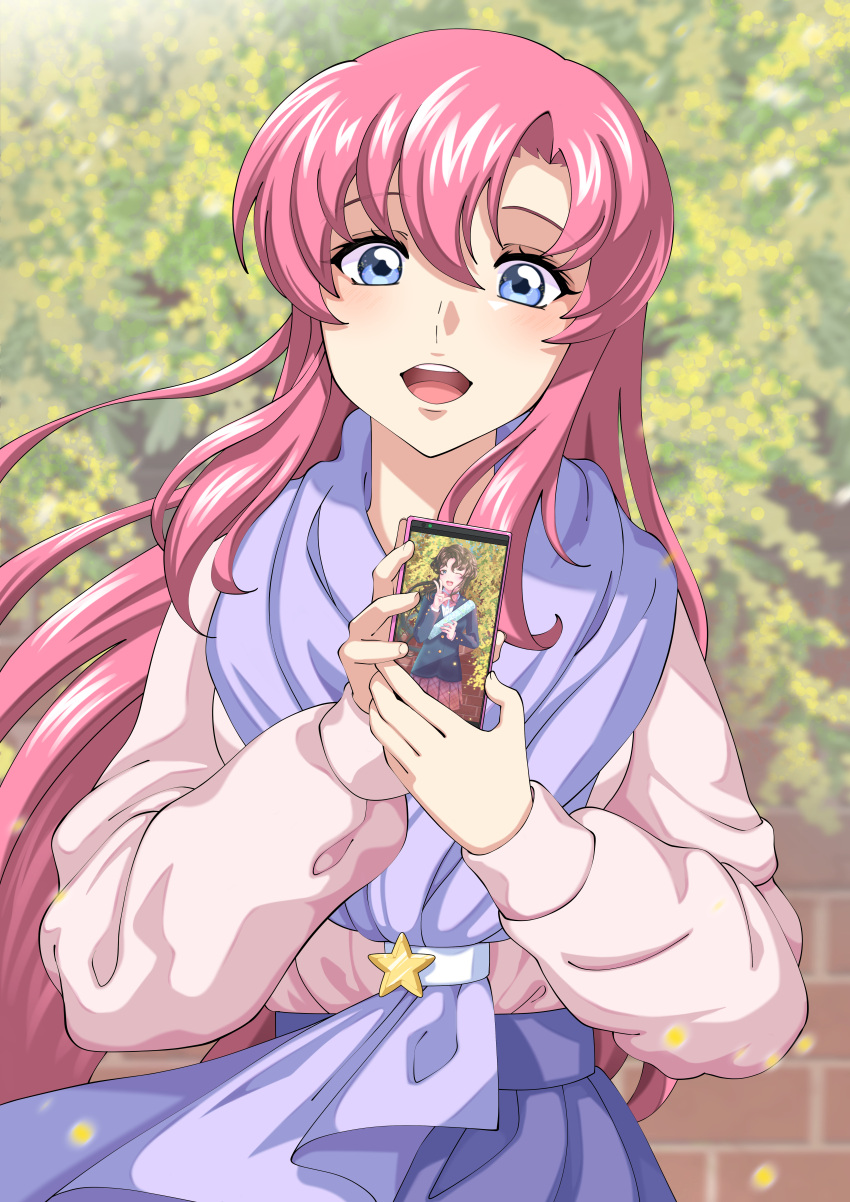 1girl :d absurdres blue_eyes cellphone day floating_hair gundam gundam_seed gundam_seed_destiny hair_between_eyes highres holding holding_phone long_hair long_sleeves looking_at_viewer meer_campbell open_mouth outdoors phone pink_hair pink_sweater purple_scarf purple_skirt scarf skirt smartphone smile solo straight_hair sweater very_long_hair yokoshimahama