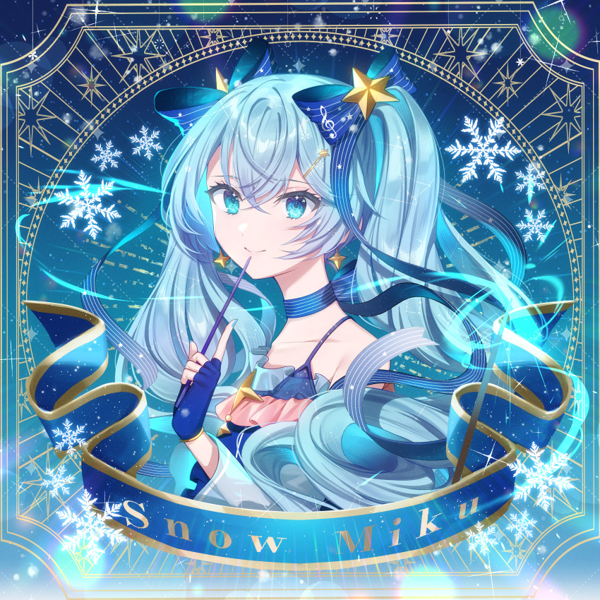 1girl blue_bow blue_eyes blue_gloves blue_hair blue_nails blue_ribbon bow character_name choker closed_mouth collarbone fingerless_gloves gloves hair_between_eyes hair_bow hair_ornament hatsune_miku highres holding holding_wand lushuao nail_polish ribbon ribbon_choker short_hair smile snowflakes solo star_(symbol) star_hair_ornament striped_bow striped_ribbon twintails upper_body vocaloid wand yuki_miku yuki_miku_(2017)