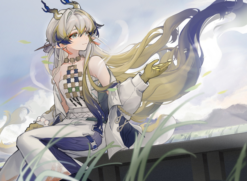 1girl arknights bare_shoulders beads belt blonde_hair blue_horns chinese_commentary closed_mouth collarbone commentary_request day dragon_girl dragon_horns earrings feet_out_of_frame green_eyes grey_hair hair_between_eyes hair_intakes hand_up highres horns ilove5927_(wako_do) jacket jewelry long_hair long_sleeves looking_afar looking_to_the_side multicolored_hair necklace off_shoulder open_clothes open_jacket outdoors pants plant pointy_ears purple_hair shu_(arknights) sitting smile solo strapless tube_top very_long_hair white_belt white_jacket white_pants white_tube_top wind yellow_horns