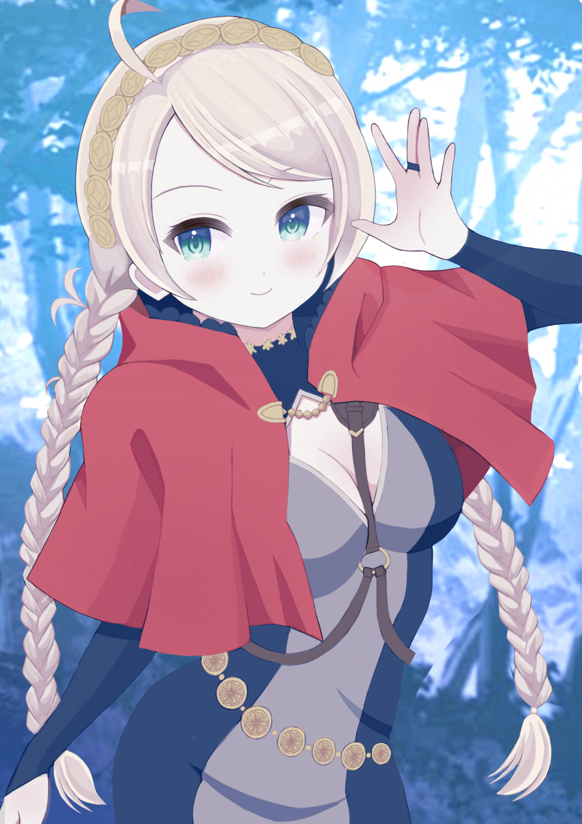 1girl absurdres ahoge belt blue_eyes braid breasts capelet commission commissioner_upload fire_emblem fire_emblem_fates grey_hair harness highres hood hooded_capelet looking_at_viewer low_twin_braids low_twintails medium_breasts mikoko1 nina_(fire_emblem) o-ring o-ring_harness parted_bangs red_hood skeb_commission smile solo twin_braids twintails