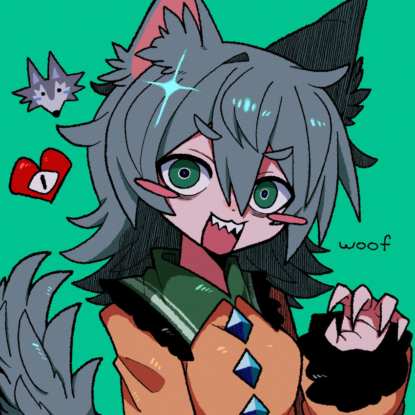 1girl :3 animal_ears blush buttons claw_pose collared_shirt diamond_button frilled_shirt_collar frilled_sleeves frills green_eyes green_hair heart highres komeiji_koishi looking_at_viewer medium_hair open_mouth sharp_teeth shirt tail teeth touhou wolf wolf_ears wolf_tail yellow_shirt zunusama