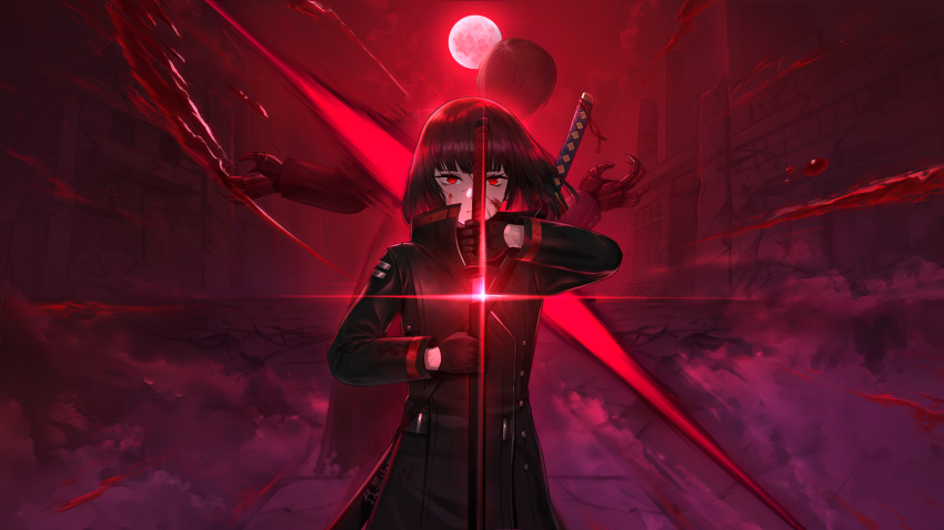 1girl 1other black_coat black_gloves blood blood_drop blood_on_face coat cosplay fog glint gloves highres holding holding_sword holding_weapon katana kcaf128 limbus_company looking_at_viewer medium_hair moon project_moon red_eyes red_moon red_theme ryoshu_(project_moon) serious sheathing slashing standing straight_hair sword weapon yujin_(project_moon) yujin_(project_moon)_(cosplay)