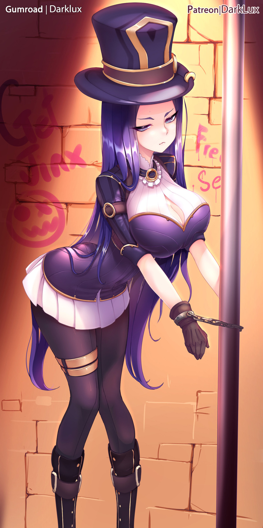 1girl absurdres boots breasts caitlyn_(league_of_legends) cleavage cuffs darklux gloves graffiti handcuffs hat highres large_breasts league_of_legends long_hair long_sleeves looking_at_viewer purple_eyes purple_hair restrained skirt solo thigh_strap thighhighs top_hat very_long_hair