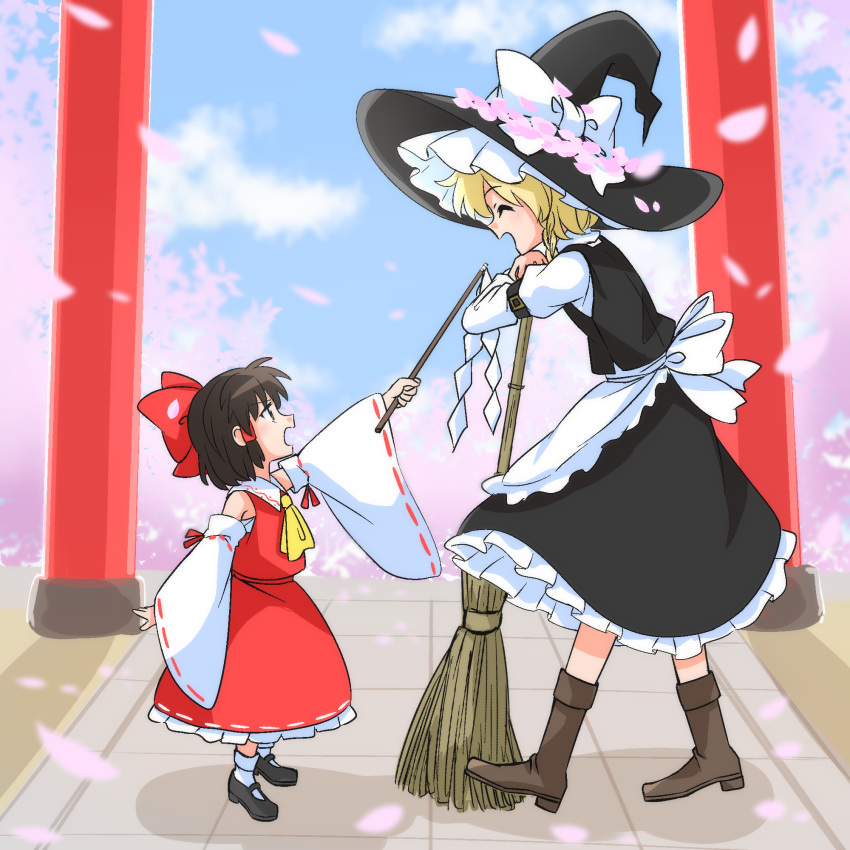 2girls aged_down apron ascot blonde_hair bow braid broom brown_hair cherry_blossoms child closed_mouth detached_sleeves falling_petals gohei hair_bow hair_tubes hakurei_reimu hat hat_bow highres holding holding_gohei kirisame_marisa long_sleeves looking_at_another mary_janes multiple_girls open_mouth outdoors petals pink_petals red_bow red_skirt ribbon-trimmed_sleeves ribbon_trim shoes short_hair shoulder_strap side_braid single_braid skirt skirt_set smile torii touhou waist_apron white_bow witch_hat yakousei_no_kame yellow_ascot