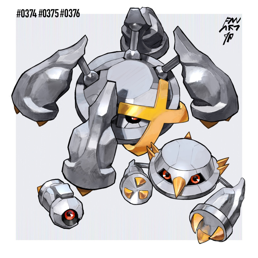 af_(afloatisland) alternate_color beldum border claws commentary evolutionary_line grey_background highres metagross metang no_humans non-humanoid_robot one-eyed outside_border pokemon pokemon_(creature) red_eyes robot shiny_pokemon simple_background symbol-only_commentary white_border