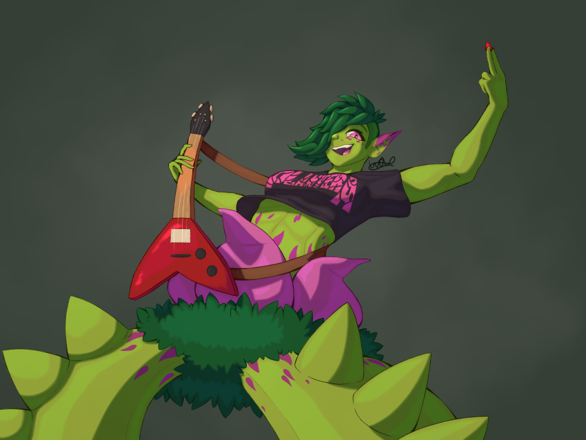 absurd_res alraune black_clothing black_shirt black_t-shirt black_topwear clothing elemental_creature european_mythology female flora_fauna flower freckles green_body green_hair green_skin guitar guitar_pick hair hi_res holding_guitar holding_guitar_pick holding_musical_instrument holding_object humanoid leaves_in_hair leaves_on_body markings musical_instrument mythology pink_eyes pink_flower pink_freckles pink_markings plant plantera plucked_string_instrument red_guitar shirt signature simple_background solo string_instrument t-shirt t-shirt_only terraria text text_on_clothing text_on_shirt text_on_topwear topwear warewolf_(artist)