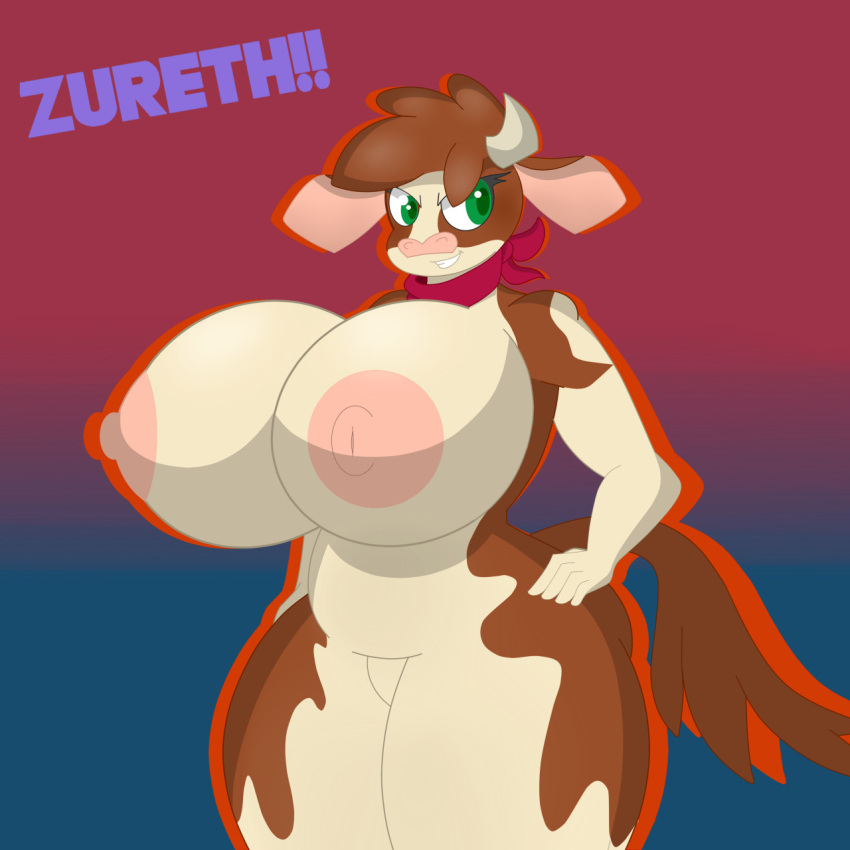 1:1 anthro anthrofied areola arizona_cow_(tfh) artist_name big_areola big_breasts bovid bovine breasts brown_tail cattle digital_media_(artwork) female gradient_background grin half-length_portrait hi_res horn huge_breasts kerchief mammal neckerchief nipples nude pink_areola pink_nipples portrait red_kerchief red_neckerchief simple_background smile solo tail them's_fightin'_herds thick_thighs zureth!!