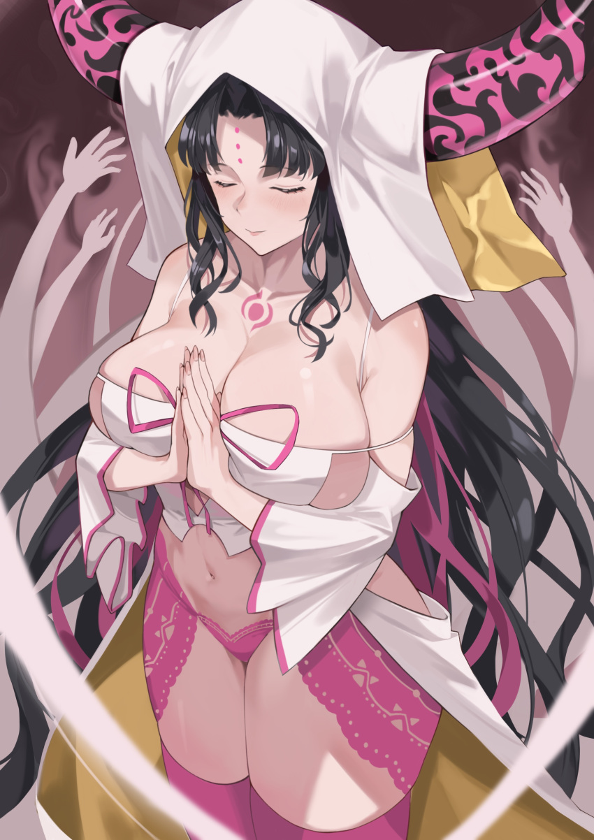 1girl absurdres bangs bare_shoulders black_hair breasts chest_tattoo cleavage closed_eyes collarbone dress facial_mark fate/extra fate/extra_ccc fate_(series) forehead_mark fromgod_jungle ghost_hands highres horns large_breasts long_hair long_sleeves own_hands_together panties parted_bangs pink_legwear pink_panties sesshouin_kiara sideboob smile tattoo thighhighs thighs underwear veil very_long_hair wavy_hair white_dress wide_sleeves