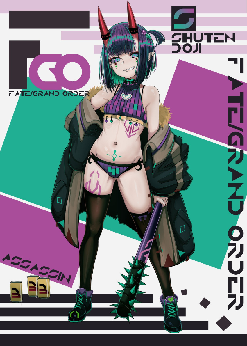 1girl b.d bare_shoulders baseball_bat black_jacket black_thighhighs breasts character_name copyright_name eyeliner fate/grand_order fate_(series) full_body fur-trimmed_jacket fur_trim grin highres horns jacket long_sleeves looking_at_viewer makeup navel off_shoulder one_side_up oni panties purple_eyes purple_hair purple_panties purple_sports_bra shoes short_hair shuten_douji_(fate) skin-covered_horns small_breasts smile sneakers solo spiked_bat sports_bra tattoo thighhighs underwear