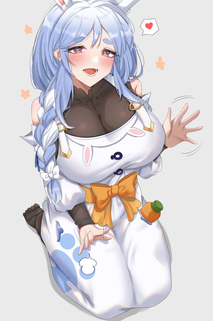 1girl animal_ear_fluff animal_ears blue_hair blush bodystocking bow breasts carrot cleavage clothing_cutout dress feet food_in_pocket heart highres hololive kneeling lap_pillow_invitation large_breasts long_braid motion_lines multicolored_hair open_mouth orange_bow orange_sash pekomama purple_eyes rabbit-shaped_pupils rabbit_ears see-through see-through_cleavage short_eyebrows shoulder_cutout solo spoken_heart symbol-shaped_pupils two-tone_hair virtual_youtuber white_bow white_dress white_hair yobi_(ybpac18)