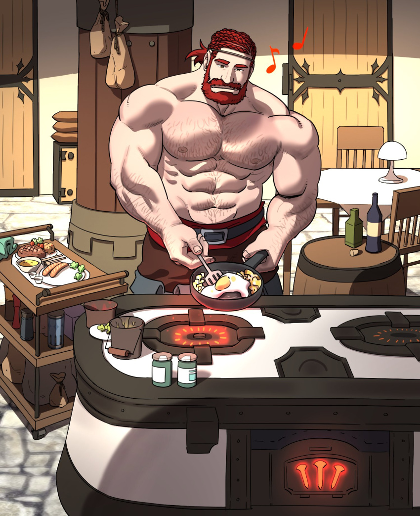 1boy abs bara beard commission cooking earrings facial_hair final_fantasy final_fantasy_xiv franz_(mostlybrowsing) full_beard hairy highres jewelry kitchen large_pectorals male_focus mature_male muscular muscular_male navel nipples pectorals sanpaku short_hair solo sparse_chest_hair standing strongman_waist thick_beard thick_eyebrows thick_mustache topless_male unspoken_(firebreath110)