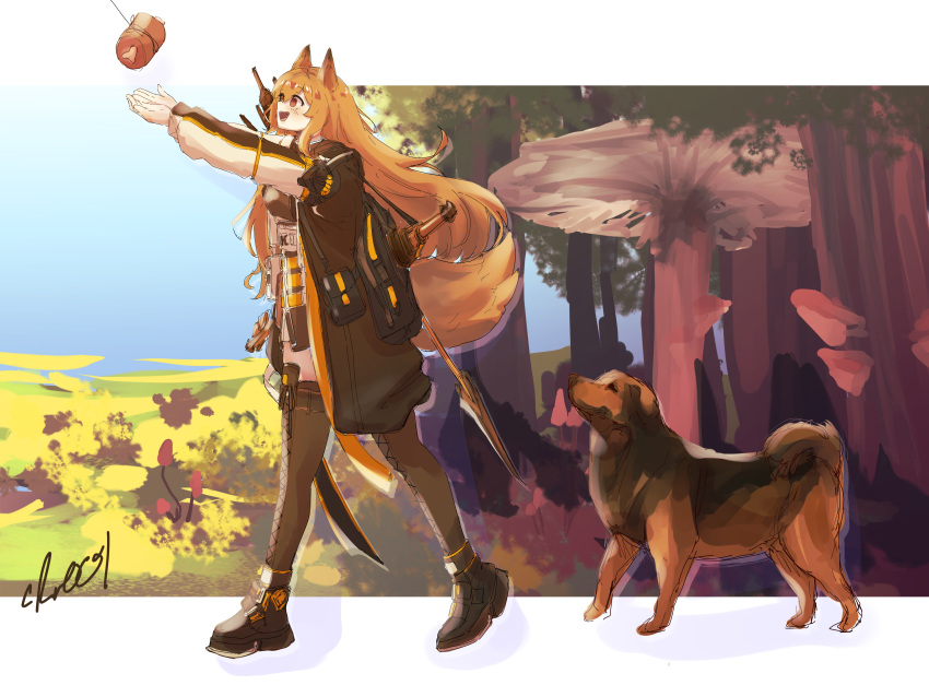 1girl absurdres animal_ears arknights blush boned_meat brown_coat brown_footwear brown_hair brown_legwear brown_shirt carrot_on_stick ceobe_(arknights) coat crr001 dog dog_ears dog_girl dog_tail excited fang food from_side full_body highres long_hair long_sleeves meat open_clothes open_coat open_mouth outdoors reaching_out red_eyes sheath sheathed shirt solo tail thighhighs very_long_hair walking