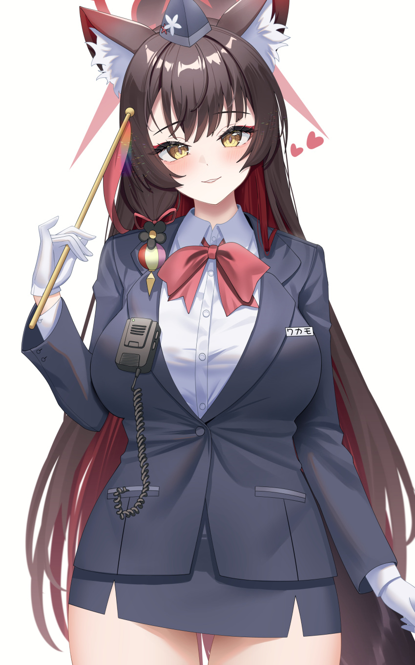 absurdres animal_ears blue_archive blush brown_hair chisi facing_viewer flag fox_ears garrison_cap grey_jacket grey_skirt hair_ribbon halo hat head_tilt heart highres holding holding_flag jacket name_tag red_ribbon ribbon shirt skirt three_quarter_view wakamo_(blue_archive) white_shirt yellow_eyes