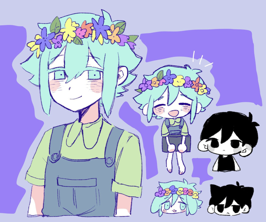 2boys basil_(headspace)_(omori) basil_(omori) black_eyes black_hair blue_overalls blush closed_eyes closed_mouth collared_shirt colored_skin expressionless flower green_eyes green_hair green_shirt head_wreath highres looking_at_viewer multiple_boys omori omori_(omori) open_mouth overall_shorts overalls shii_1_ta shirt short_hair smile white_skin