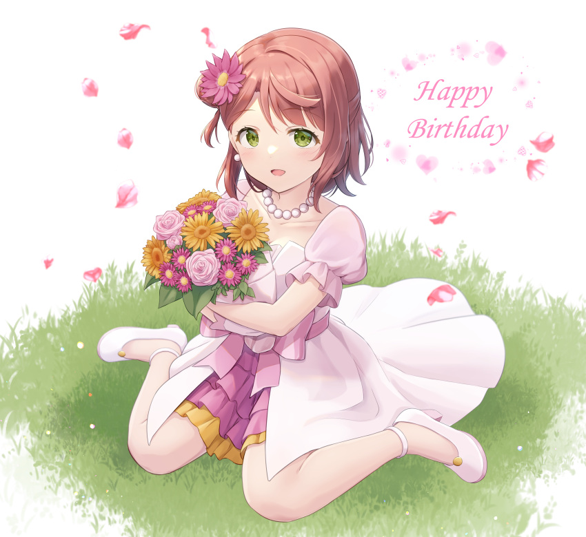 1girl :d absurdres awakening_promise_(love_live!) bead_necklace beads blunt_bangs blush bouquet braid braided_bun breasts cleavage collarbone dress earrings falling_petals flats flower frilled_dress frills gloves green_eyes hair_bun hair_flower hair_ornament half_updo happy_birthday highres holding holding_bouquet jewelry looking_at_viewer love_live! love_live!_nijigasaki_high_school_idol_club medium_hair necklace on_grass open_mouth petals pink_dress pink_flower pink_hair pink_petals pink_rose rose short_sleeves single_side_bun sitting smile solo swept_bangs uehara_ayumu wariza white_background white_footwear white_gloves yellow_flower yutuki_ame