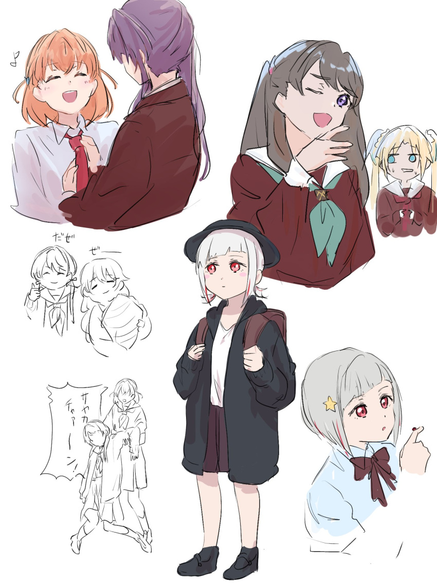 6+girls ;d =_= ^_^ adjusting_another's_clothes adjusting_clothes adjusting_necktie aged_down aqua_neckerchief backpack bag black_coat blazer blonde_hair blue_eyes blue_hair blunt_bangs blush blush_stickers bow bowler_hat bowtie brown_bow brown_bowtie brown_dress brown_jacket brown_skirt closed_eyes coat collared_shirt crossed_bangs dress dress_shirt eighth_note fujishima_megumi gradient_hair grey_hair hair_ornament hair_ribbon hand_up hasu_no_sora_school_uniform hat highres hinoshita_kaho hood hooded_coat index_fingers_together jacket konoe_kanata light_blue_hair link!_like!_love_live! long_hair long_sleeves love_live! love_live!_nijigasaki_high_school_idol_club low_twintails medium_hair multicolored_hair multiple_girls muneta_(ntani_2) murano_sayaka musical_note neckerchief necktie one_eye_closed open_mouth orange_hair osawa_rurino otomune_kozue parted_bangs partially_colored pillow purple_hair rabbit_hair_ornament red_eyes red_hair red_neckerchief red_necktie ribbon sailor_collar sailor_dress school_uniform shirt short_hair short_twintails side_ponytail skirt smile star_(symbol) star_hair_ornament streaked_hair sweat twintails virtual_youtuber wavy_hair white_sailor_collar white_shirt winter_uniform yugiri_tsuzuri