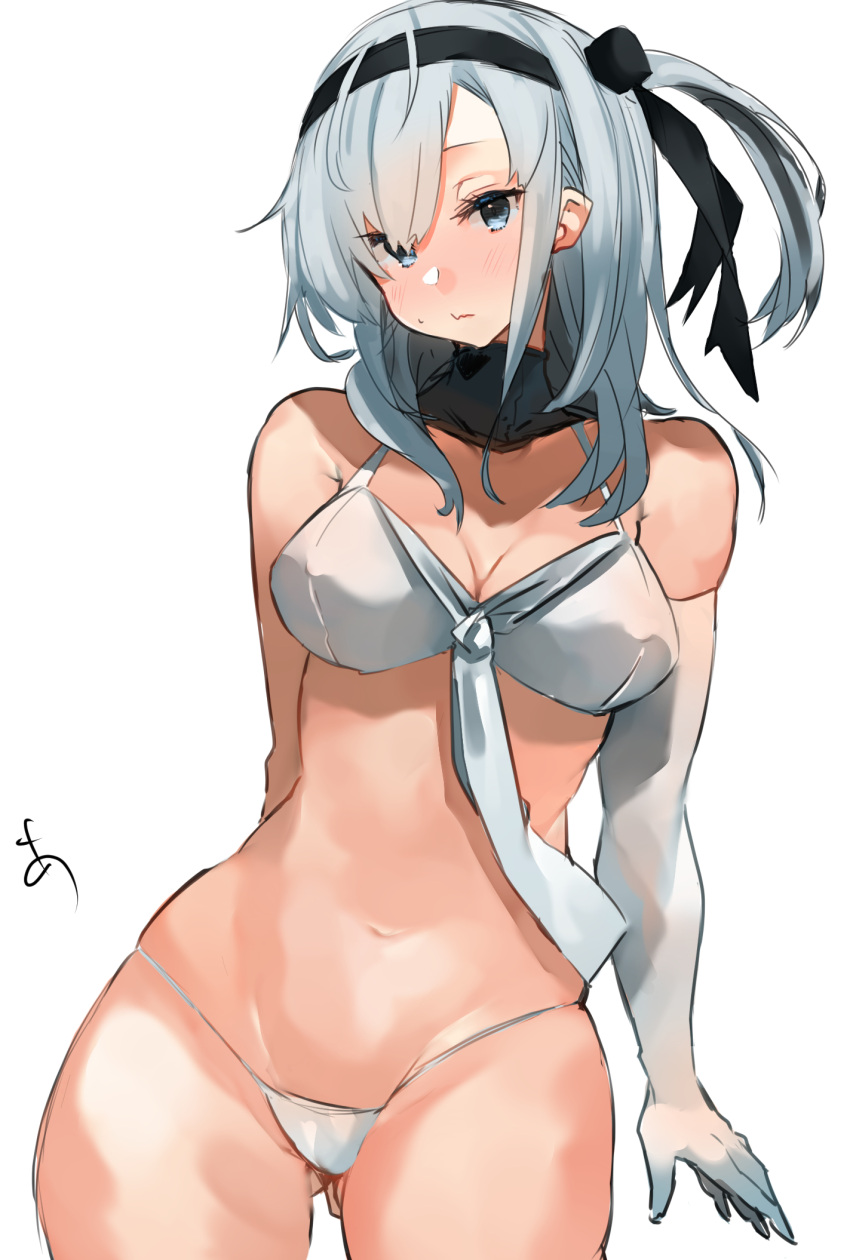 1girl bikini breasts cleavage elbow_gloves gloves grey_eyes grey_hair headband highres kantai_collection long_hair looking_at_viewer medium_breasts neckerchief one_side_up simple_background single_elbow_glove solo sunday_aki suzutsuki_(kancolle) swimsuit white_background white_bikini white_gloves white_neckerchief