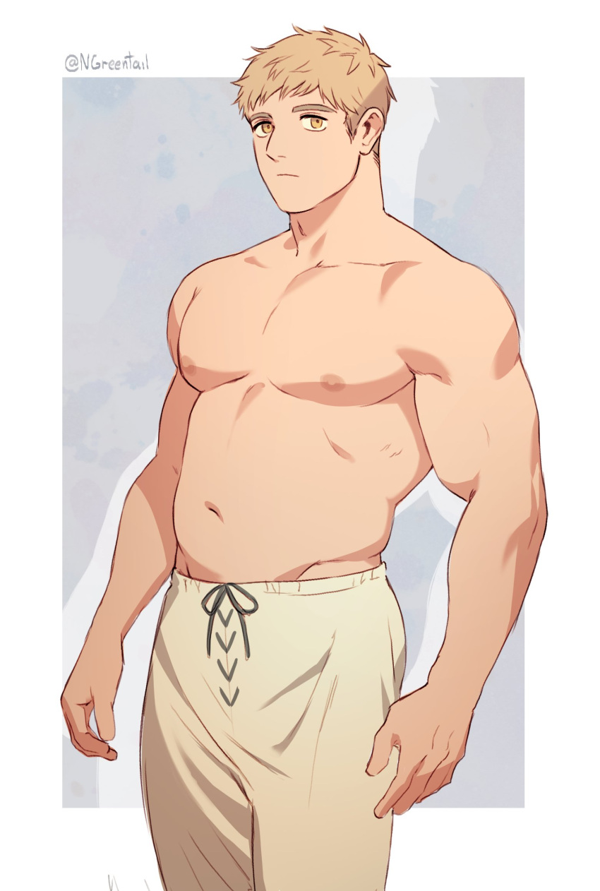 1boy bara blonde_hair brown_eyes brown_pants closed_mouth dungeon_meshi highres laios_touden large_pectorals looking_at_viewer male_focus muscular muscular_male navel nifast_(greentail) nipples pants pectorals short_hair simple_background solo topless_male twitter_username
