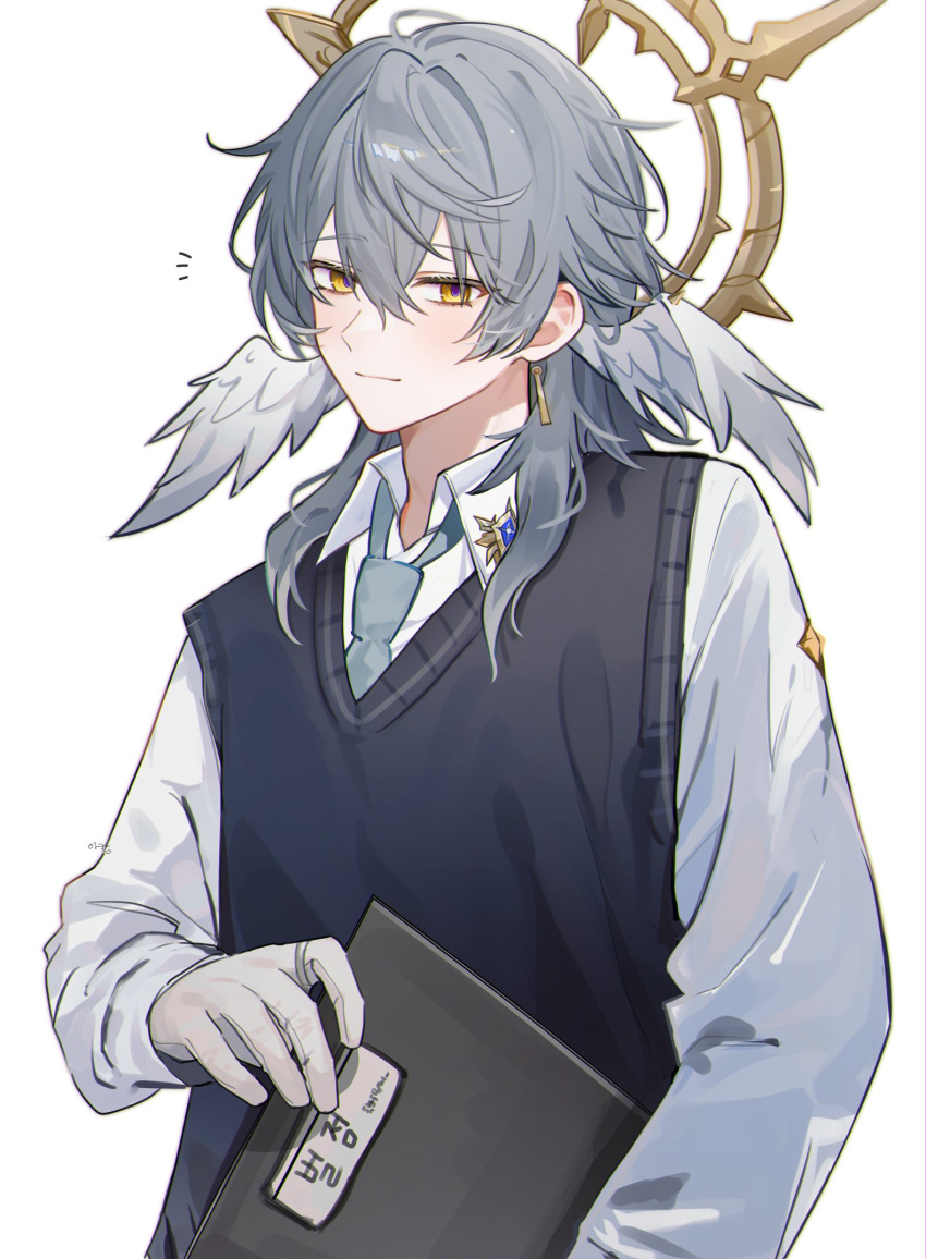 1boy a20190422 black_sweater_vest blue_necktie blush closed_mouth collared_shirt commentary_request crossed_bangs dress_shirt earrings feathered_wings folder gloves gold_earrings grey_hair hair_between_eyes halo halo_behind_head hand_up head_wings highres holding holding_folder honkai:_star_rail honkai_(series) jewelry long_sleeves looking_at_viewer male_focus medium_hair necktie notice_lines ring shirt sidelocks simple_background smile solo sunday_(honkai:_star_rail) sweater_vest white_background white_gloves white_shirt white_wings wing_collar wings yellow_eyes