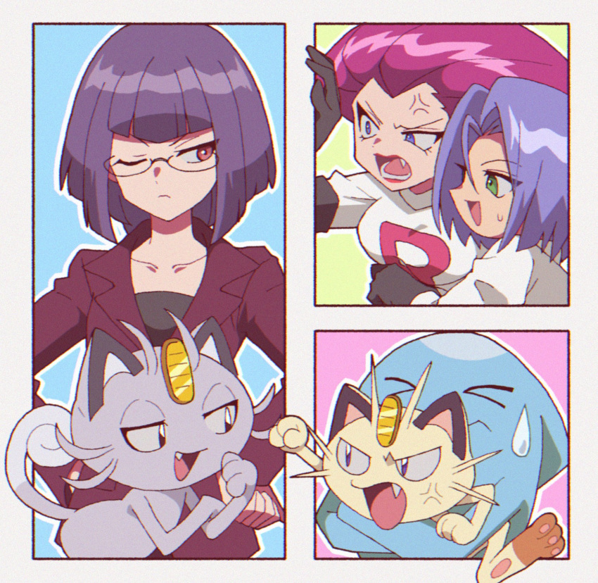 1boy 2girls alolan_meowth anger_vein angry blue_eyes blue_hair fang green_eyes highres james_(pokemon) jessie_(pokemon) looking_at_another looking_to_the_side macchiromomomo matori meowth multiple_girls one_eye_closed pink_hair pokemon pokemon_(anime) purple_hair red_eyes team_rocket wobbuffet