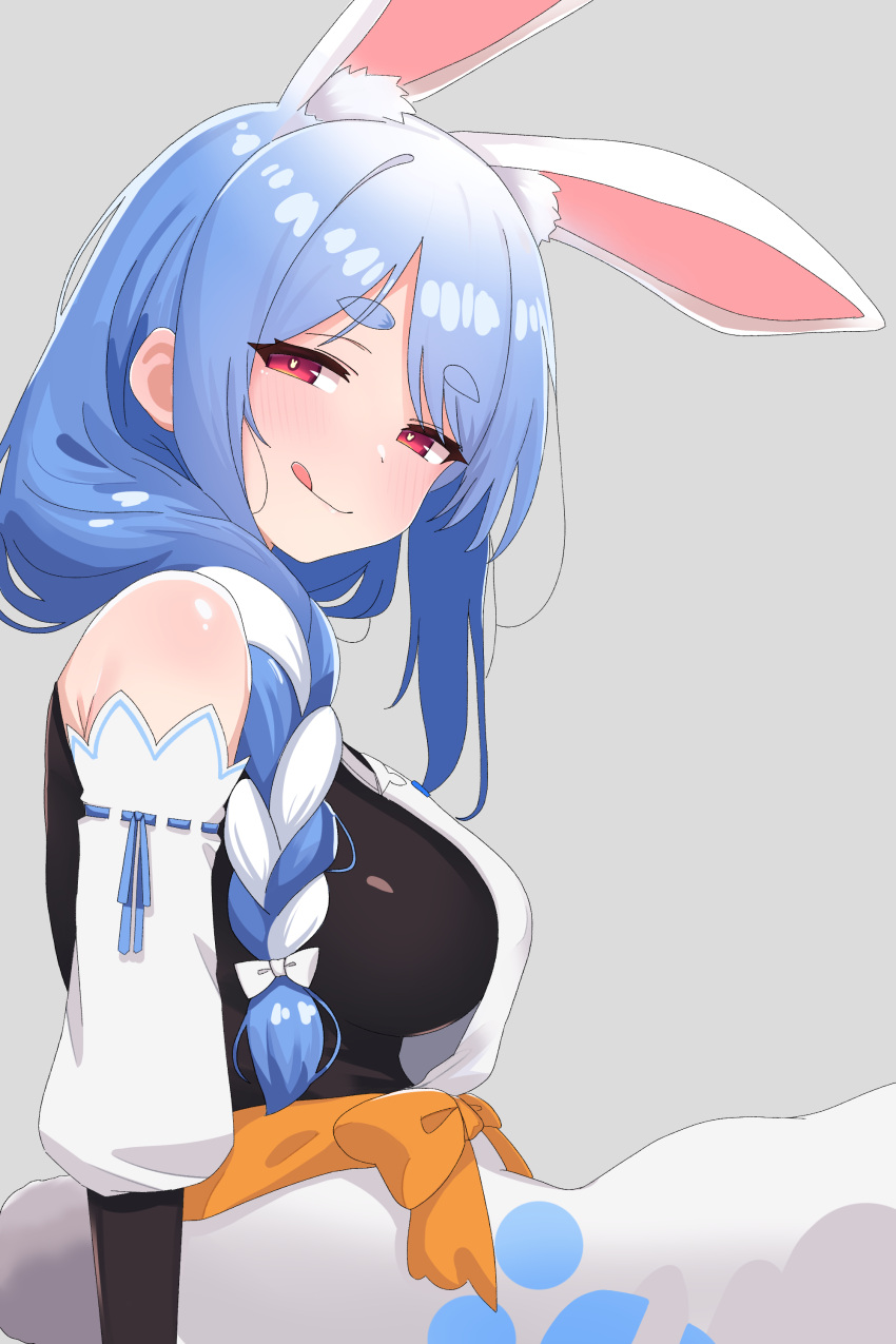 1girl :q absurdres animal_ear_fluff animal_ears apron bare_shoulders black_bodysuit blue_hair blush bodysuit bodysuit_under_clothes braid breasts detached_sleeves highres hololive large_breasts licking_lips long_hair looking_at_viewer mature_female mingkozus multicolored_hair pekomama rabbit_ears rabbit_girl red_eyes short_eyebrows sideboob smile solo tail thick_eyebrows tongue tongue_out two-tone_hair virtual_youtuber white_apron white_hair