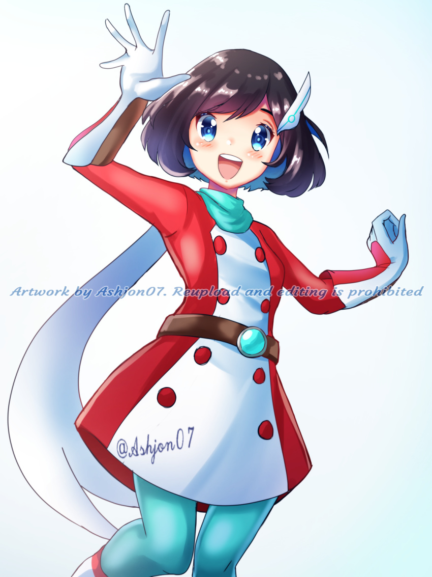 1girl :d ashujou black_hair blue_eyes blue_pantyhose dress gloves hair_ornament highres long_sleeves looking_at_viewer official_alternate_costume open_mouth pantyhose pokemon pokemon_masters_ex red_dress scarf selene_(pokemon) selene_(special_costume)_(pokemon) short_hair smile solo teeth twitter_username two-tone_dress upper_teeth_only white_background white_dress white_gloves