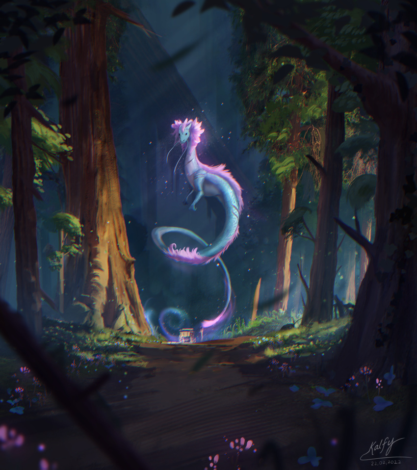 2022 absurd_res ambiguous_gender asian_mythology day detailed_background digital_media_(artwork) dragon east_asian_mythology eastern_dragon feral forest grass hi_res kalfy mythology outside plant solo tree