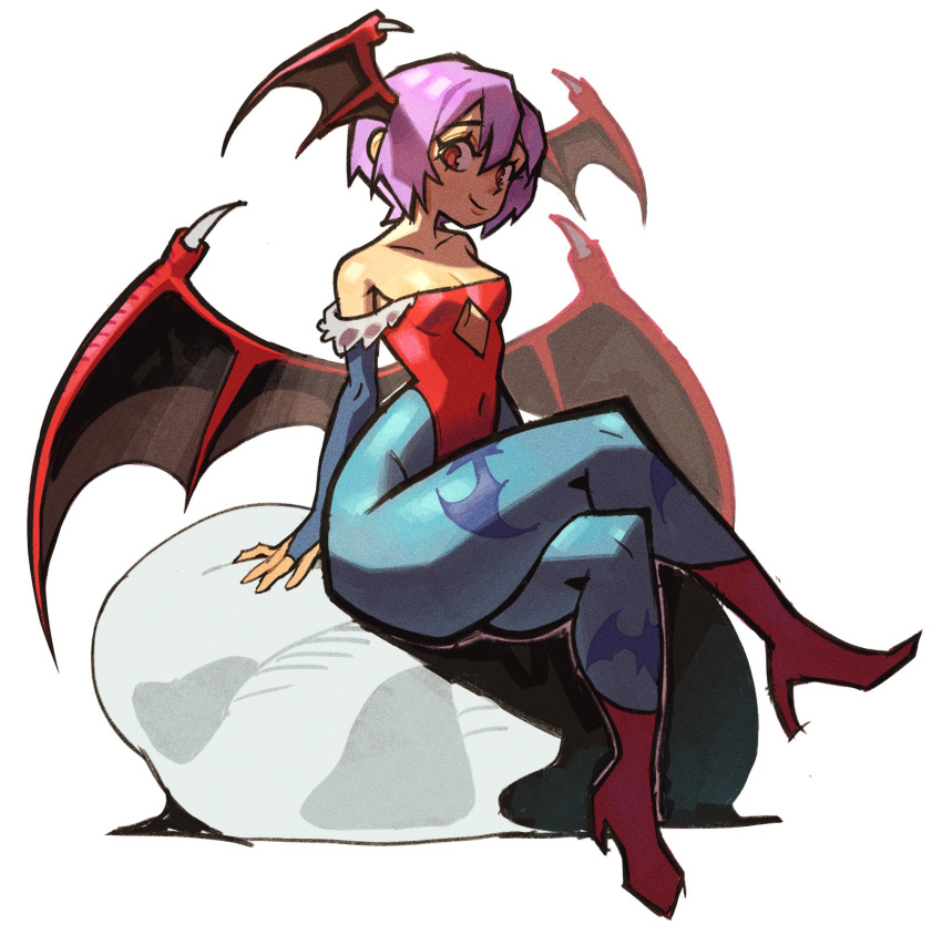 1girl animal_print bare_shoulders bat_print bat_wings blue_pantyhose breasts bridal_gauntlets collarbone covered_navel crossed_legs demon_girl diamond_cutout eduedude full_body fur_trim highleg highleg_leotard highres leotard lilith_aensland looking_at_viewer low_wings pantyhose pink_hair print_pantyhose red_eyes red_leotard rock short_hair simple_background sitting sitting_on_rock small_breasts smile solo strapless strapless_leotard thick_thighs thighs vampire_(game) wide_hips wings