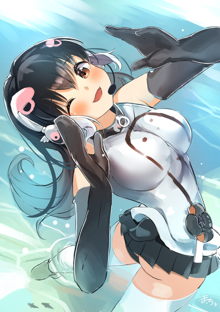 1girl absurdres african_penguin_(kemono_friends) arched_back ass bangs bare_shoulders black_gloves black_hair blush breasts brown_eyes dragon_star2 elbow_gloves eyebrows_visible_through_hair fisheye from_above gloves hair_ornament hands_up headset highres impossible_clothes impossible_jacket jacket kemono_friends kemono_friends_v_project large_breasts leaning_back legs_apart long_hair looking_at_viewer microskirt one_eye_closed open_mouth panties penguin_tail sketch skirt sleeveless sleeveless_jacket smile solo standing tail thighhighs twisted_torso underwear virtual_youtuber wading water white_legwear zipper zipper_pull_tab