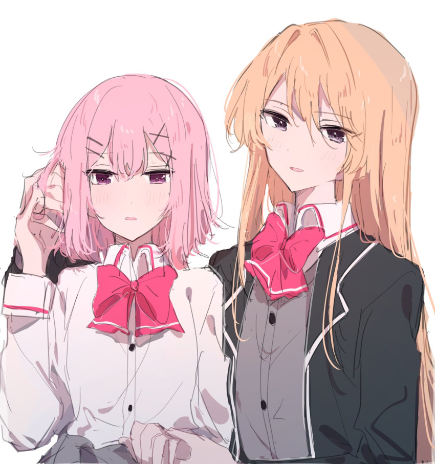 2girls amaori_renako black_jacket blonde_hair blush bow bowtie cardigan collared_shirt grey_cardigan hair_ornament hairclip hand_in_another's_hair hand_on_another's_head highres holding_hands jacket kaeshi_(yuukaeshi) long_hair looking_at_viewer medium_hair multiple_girls ouzuka_mai parted_lips pink_bow pink_bowtie pink_eyes pink_hair purple_eyes school_uniform shirt simple_background smile sweatdrop upper_body watashi_ga_koibito_ni_nareru_wake_naijan_murimuri white_background white_shirt yuri