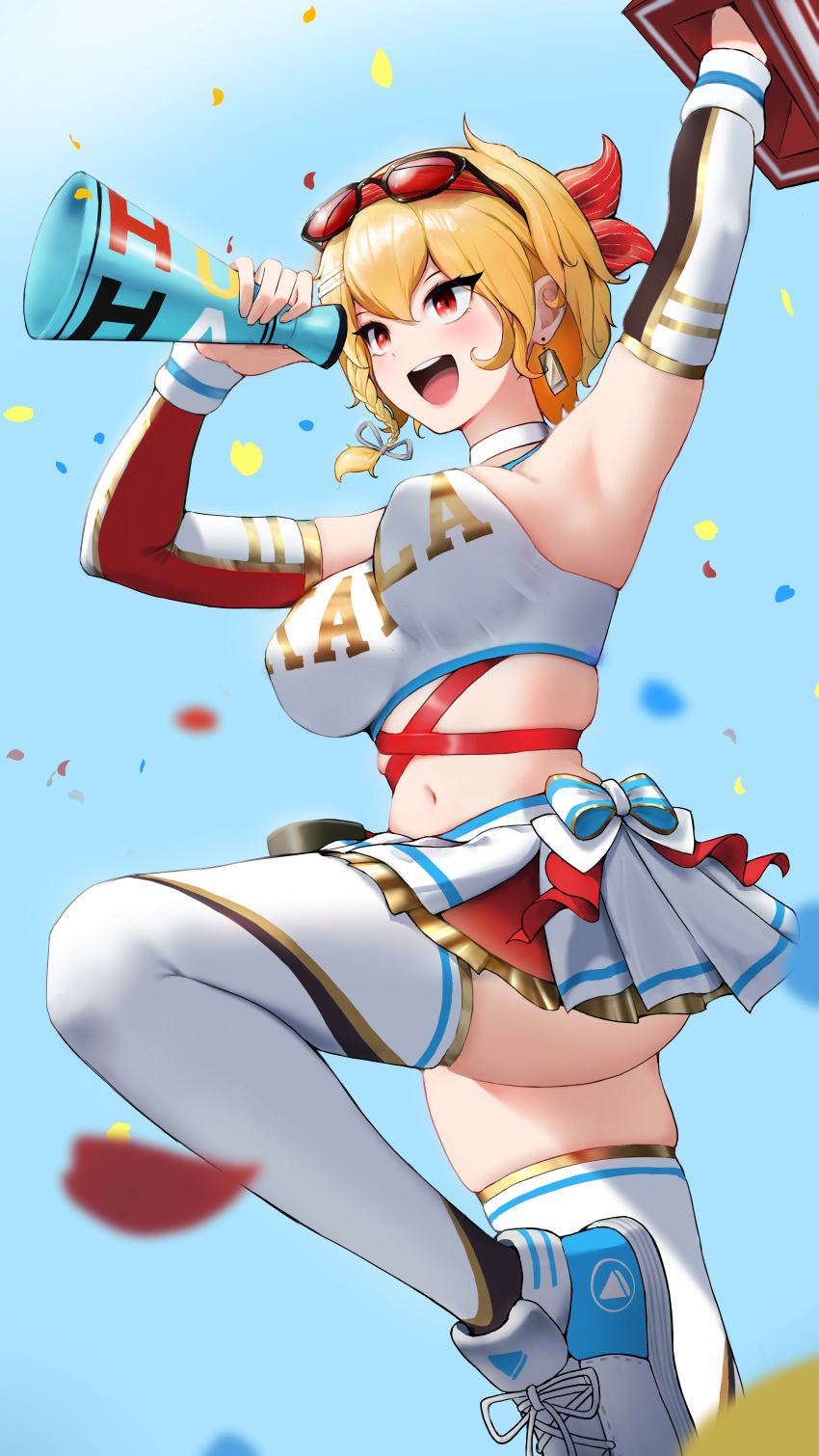 1girl :d absurdres arm_up armpits ass blonde_hair blue_sky bouncing_breasts braid breasts bustier cheering cheerleader choker confetti covered_nipples criss-cross_straps crop_top detached_sleeves french_braid gold_trim hair_ribbon highres holding holding_megaphone hololive hololive_indonesia kaela_kovalskia knee_up large_breasts megaphone midriff miniskirt multicolored_sleeves navel no_bra no_panties pleated_skirt radi_(pixiv_88192217) red-tinted_eyewear red_eyes red_ribbon ribbon shirt shoes short_hair skindentation skirt sky smile sneakers solo stomach sunglasses thighhighs tinted_eyewear virtual_youtuber white_choker white_shirt white_skirt white_thighhighs