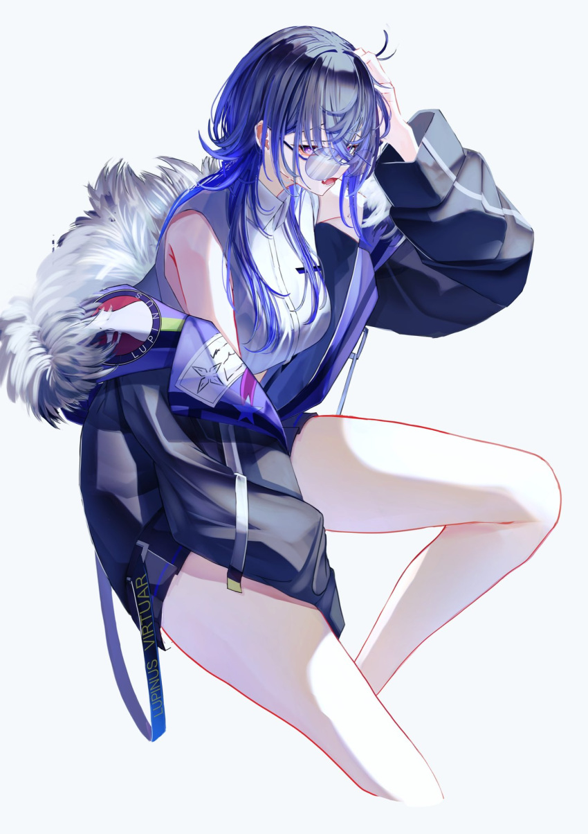 1girl black_hair black_jacket blue_hair from_side fur-trimmed_jacket fur_trim glasses grey_background hand_on_own_head highres ichinose_uruha jacket legs long_hair looking_at_viewer lupinus_virtual_games minto_(minto_rururu) multicolored_hair open_clothes open_jacket open_mouth purple_eyes shirt simple_background sleeveless sleeveless_shirt solo thighs virtual_youtuber vspo! white_shirt