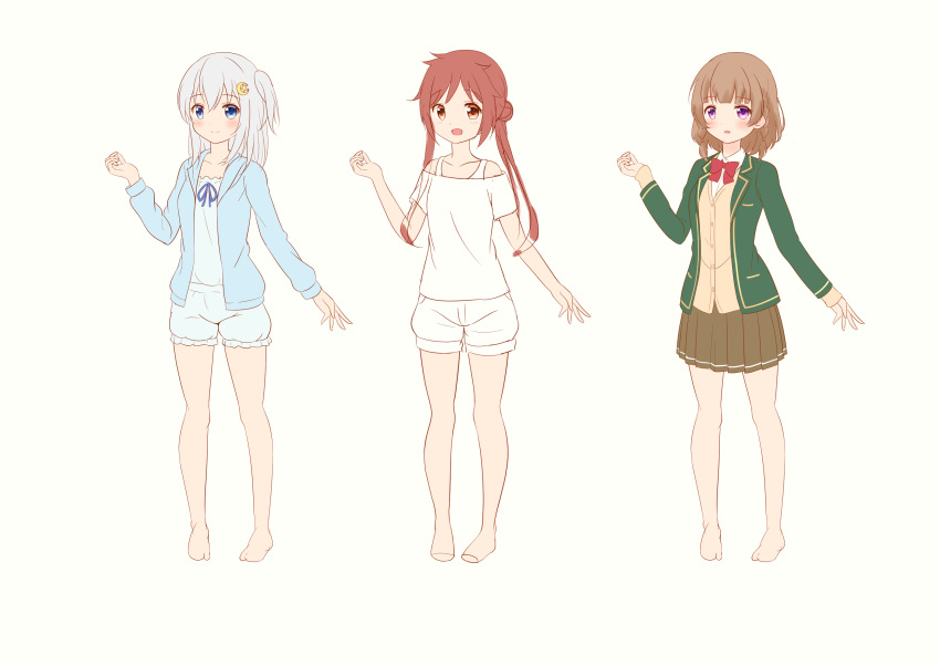 3girls absurdres blazer blue_camisole blue_jacket blue_shorts brown_cardigan brown_skirt camisole cardigan character_name collarbone collared_shirt dress_shirt frilled_camisole frilled_shorts frills green_jacket grey_hair hair_bun hand_up highres himari_(yutuki_ame) hood hood_down hooded_jacket jacket koharu_(yutuki_ame) long_hair medium_hair miniskirt multiple_girls off-shoulder_shirt off_shoulder open_clothes open_jacket original pleated_skirt red_hair revision satsuki_(yutuki_ame) shirt shorts sidelocks simple_background single_side_bun skirt twintails white_background white_shirt white_shorts yutuki_ame