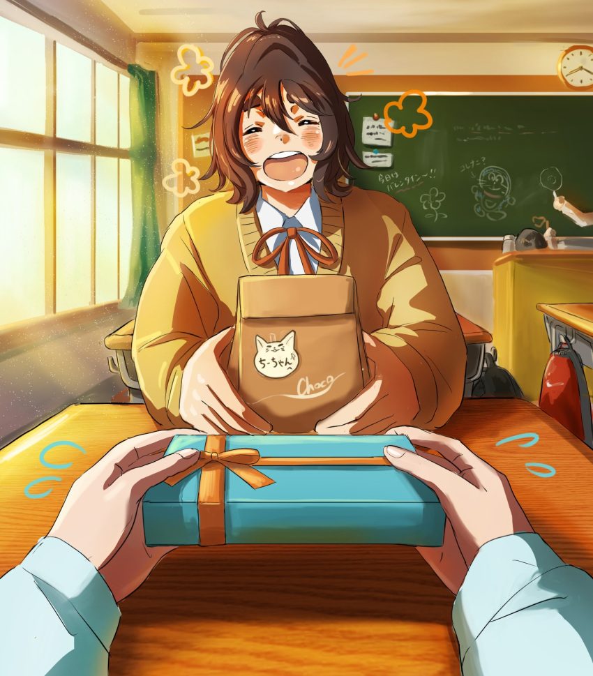 1girl 1other :o backpack bag blush brown_bag chalkboard chocolate classroom clock creatrail desk doraemon doraemon_(character) flying_sweatdrops gift highres holding holding_gift indoors medium_hair school_desk school_uniform sweater thick_eyebrows valentine window