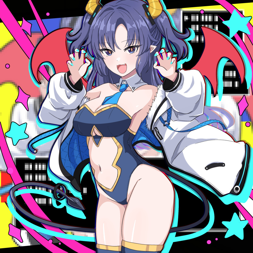 1girl blue_archive blue_leotard blue_nails blue_necktie breasts cameltoe daiichi_(1279220) demon_girl fake_horns fang highres horns jacket leotard multicolored_background navel necktie solo thighhighs white_jacket wings yellow_pupils yuuka_(blue_archive)