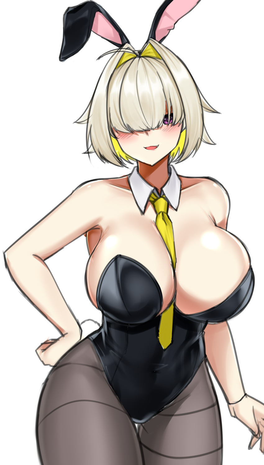 1girl absurdres ahoge animal_ears bare_shoulders between_breasts black_leotard blonde_hair blush breasts covered_navel detached_collar elegg_(nikke) fake_animal_ears fang goddess_of_victory:_nikke grey_pantyhose hair_intakes hair_over_eyes hand_on_own_hip highleg highleg_leotard highres large_breasts leotard long_bangs looking_at_viewer mapyarong multicolored_hair necktie necktie_between_breasts pantyhose parted_lips playboy_bunny purple_eyes rabbit_ears rabbit_tail short_hair simple_background solo strapless strapless_leotard tail two-tone_hair white_background yellow_necktie