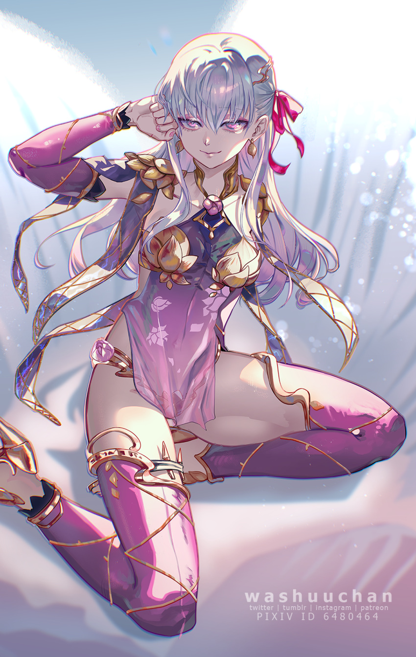 1girl armlet armor bikini_armor blush breasts circlet collar detached_sleeves dress earrings fate/grand_order fate_(series) flower hair_ribbon highres jewelry kama_(fate) kama_(second_ascension)_(fate) large_breasts long_hair looking_at_viewer lotus lotus_print metal_collar pelvic_curtain pink_ribbon pixiv_id purple_dress purple_sleeves purple_thighhighs red_eyes ribbon ring smile solo thighhighs thighlet thighs vajra_(object) washuu white_hair