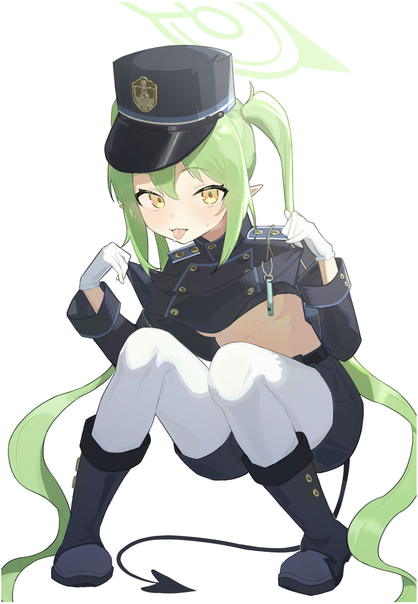 1girl :p absurdres ankle_boots belt black_belt blue_archive blue_footwear blue_hat blue_jacket blue_shorts boller_jiang boots breasts buttons clothes_pull cropped_jacket demon_tail double-breasted drill_hair full_body gloves green_hair green_halo hair_between_eyes halo hat highlander_twintails_conductor_(blue_archive) highres jacket jacket_pull kepi long_hair looking_at_viewer military_hat pantyhose pointy_ears shorts sidelocks simple_background small_breasts squatting sweat tail tongue tongue_out twin_drills twintails very_long_hair white_background white_gloves white_pantyhose yellow_eyes