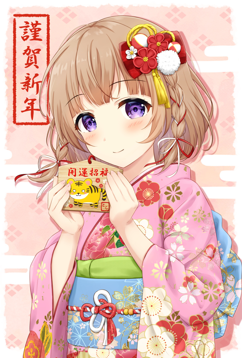 1girl absurdres blue_sash blunt_bangs blush border braid brown_hair closed_mouth egasumi ema floral_print_kimono floral_print_sash furisode hair_ornament hands_up highres holding holding_ema japanese_clothes kimono koharu_(yutuki_ame) looking_at_viewer medium_hair obi original outside_border pink_background pink_kimono purple_eyes sakuramon sash shadow side_braids smile solo twin_braids upper_body white_border wide_sleeves yutuki_ame