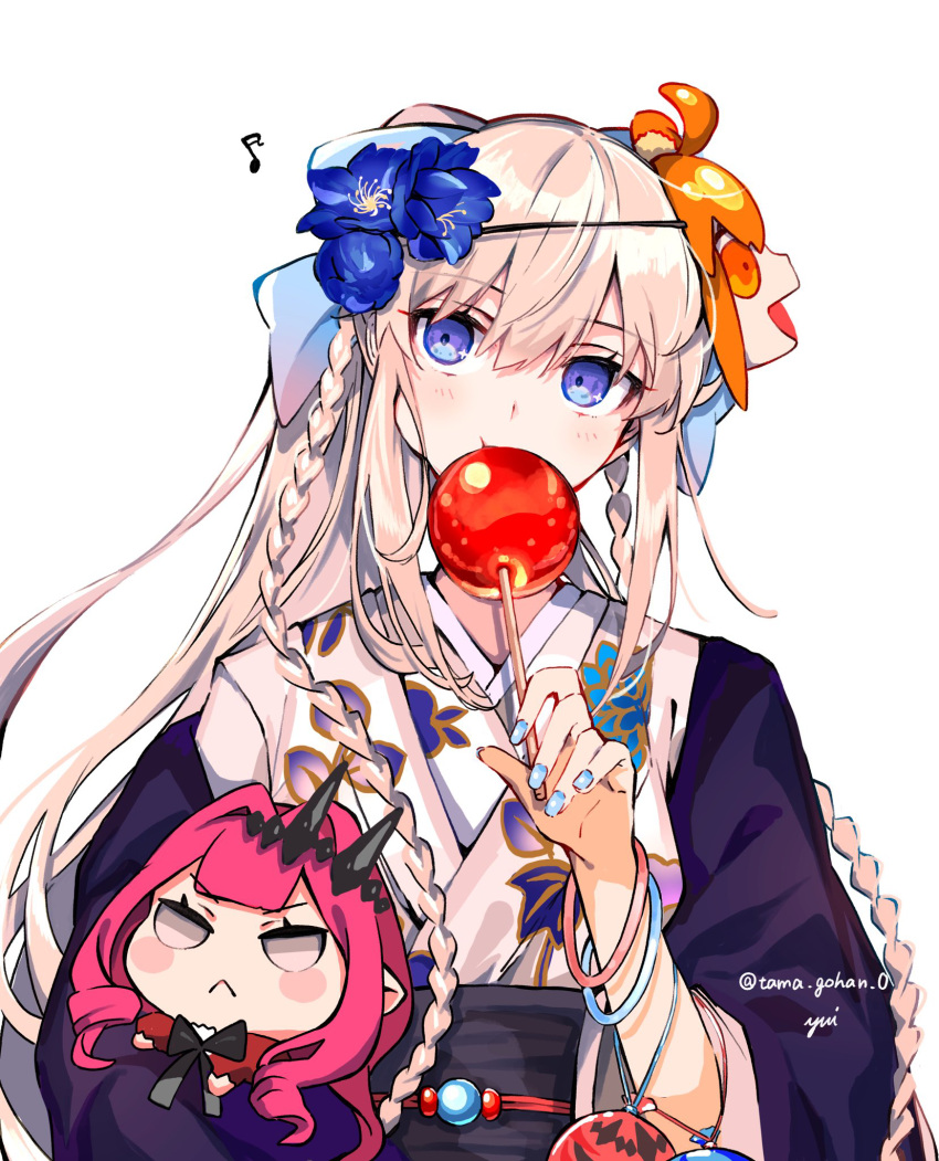 1girl black_kimono blue_eyes blue_flower bow braid candy_apple dahlia fate/grand_order fate_(series) floral_print flower food french_braid grey_hair grey_kimono hair_bow hair_flower hair_ornament haori highres japanese_clothes kimono layered_clothes long_hair long_sleeves looking_at_viewer morgan_le_fay_(fate) morgan_le_fay_(fgo_fes._2023)_(fate) obi ponytail print_kimono sash sidelocks solo very_long_hair white_kimono wide_sleeves yui_(tamagohan)