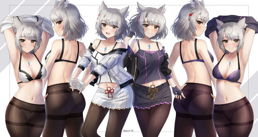 animal_ears ass back black_camisole black_gloves black_jacket black_skirt bra bra_strap braid breasts camisole cat_ears chest_jewel cleavage core_crystal_(xenoblade) doiparuni fingerless_gloves gloves grey_hair highres jacket light_blush looking_at_viewer medium_breasts midriff miniskirt mio_(xenoblade) multiple_persona navel off-shoulder_jacket off_shoulder official_alternate_color official_alternate_costume panties panties_under_pantyhose pantyhose purple_bra purple_panties sequential short_hair single_braid skirt smile stomach thighband_pantyhose two-tone_bra underwear undressing white_bra white_camisole white_gloves white_jacket white_panties white_skirt xenoblade_chronicles_(series) xenoblade_chronicles_3