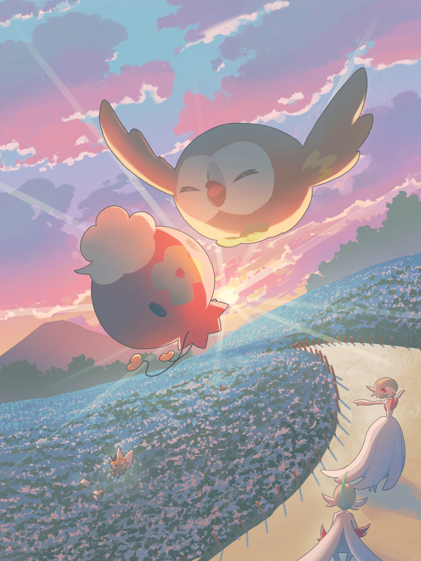 absurdres closed_eyes cloud commentary_request cutiefly drifloon flower flying gallade gardevoir highres mokukitusui open_mouth outdoors outstretched_arms path pokemon pokemon_(creature) ribombee rowlet sky