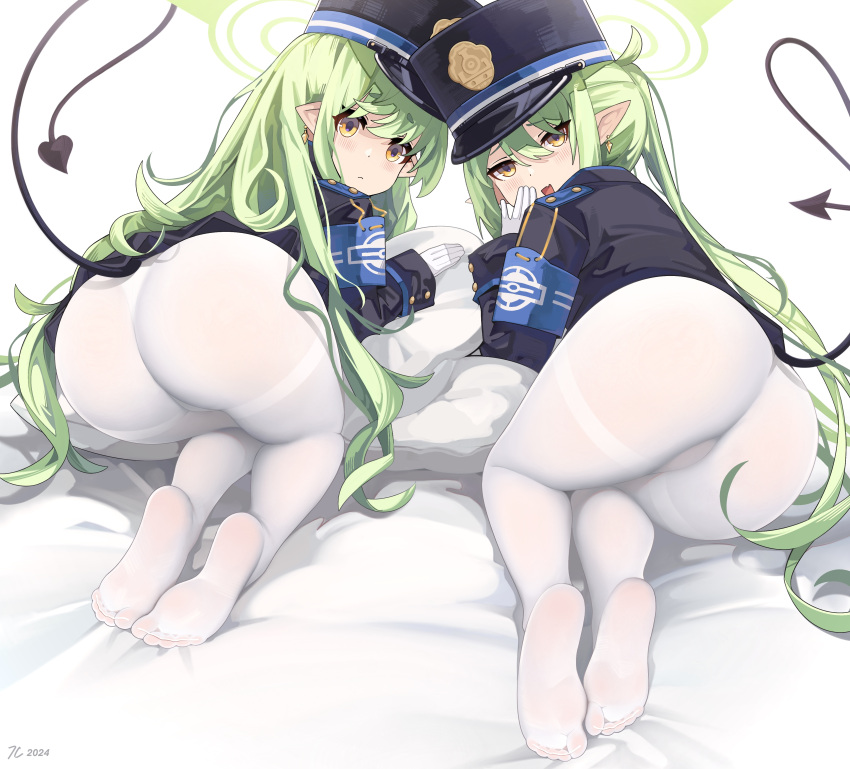 2girls absurdres armband ass black_hat black_tail blue_archive blue_armband demon_tail feet full_body gloves green_hair green_halo halo hat highlander_sidelocks_conductor_(blue_archive) highlander_twintails_conductor_(blue_archive) highres long_hair multiple_girls no_shoes pantyhose peaked_cap pointy_ears senjouhara_nira soles tail thighs white_gloves white_pantyhose