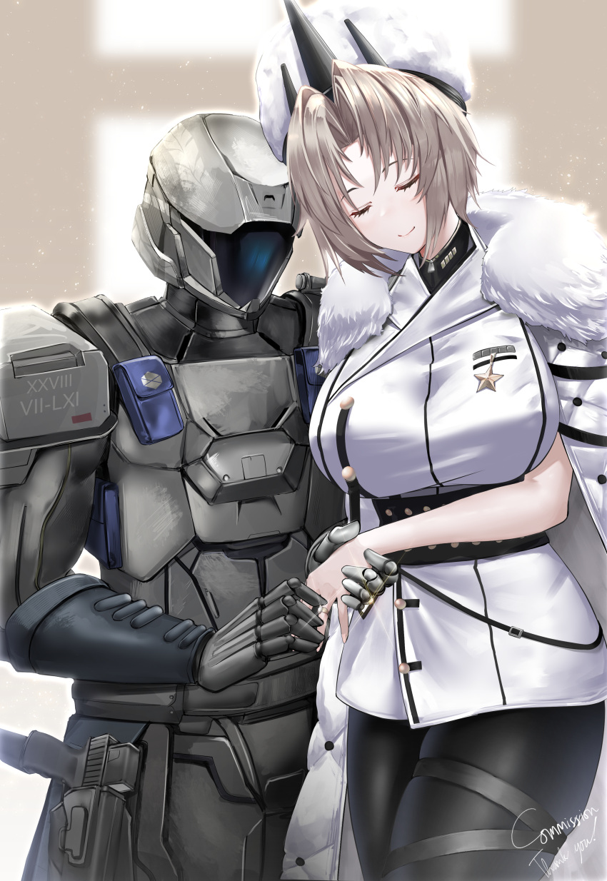 1boy 1girl absurdres alternate_costume armor azur_lane belt black_belt black_pantyhose breasts closed_mouth coat coat_on_shoulders commission covered_face cowboy_shot crossover destiny_(game) dress english_commentary full_armor fur-trimmed_coat fur_hat fur_trim glint grey_hair gun handgun hat helm helmet highres holding_another's_wrist holster holstered irkawaza jewelry kronshtadt_(azur_lane) large_breasts long_hair pantyhose papakha parted_bangs ring sidelocks skindentation sleeveless sleeveless_dress smile standing thigh_strap titan_(destiny) weapon wedding_ring white_coat white_dress white_hat