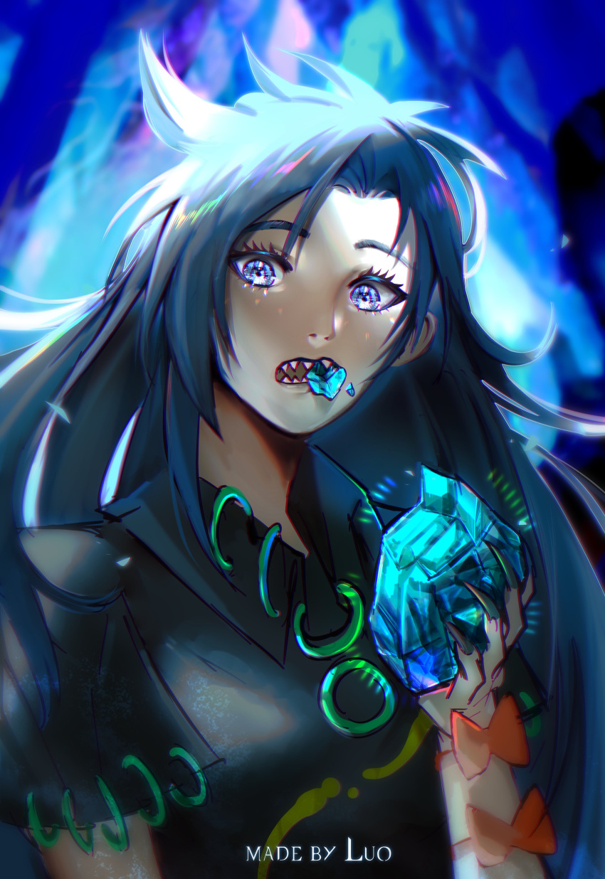 1girl absurdres blue_eyes commentary crystal english_commentary fingernails grey_hair highres himemushi_momoyo long_fingernails long_hair looking_at_viewer luo_qiangwei messy_hair short_sleeves signature solo touhou upper_body