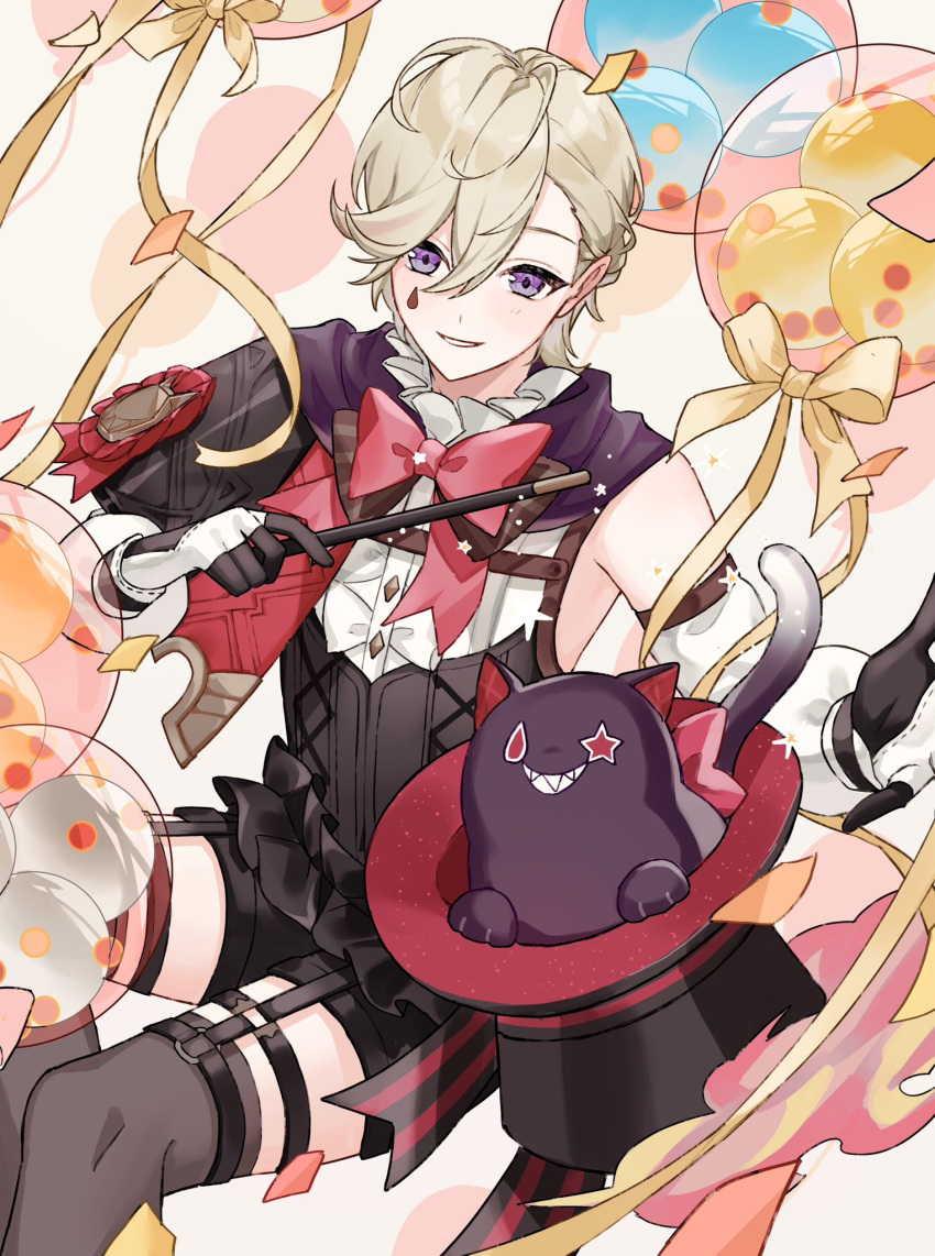 1boy armpit_peek balloon black_gloves bow cowboy_shot garter_belt garter_straps genshin_impact gloves grey_hair hair_between_eyes hat highres lyney_(genshin_impact) miik_(xhsa3585) purple_eyes red_bow short_hair smile solo teardrop_tattoo top_hat wand