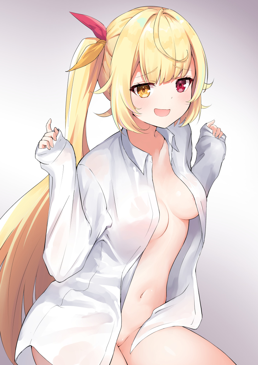 1girl absurdres alternate_costume areola_slip blonde_hair blush breasts gradient_background grey_background hair_ornament hands_up heterochromia highres hoshikawa_sara kurenai_rock long_sleeves looking_at_viewer medium_breasts naked_shirt navel nijisanji no_bra open_clothes open_mouth open_shirt pussy pussy_peek red_eyes shirt side_ponytail simple_background sleeves_past_wrists smile solo stomach thighs virtual_youtuber white_background white_shirt yellow_eyes